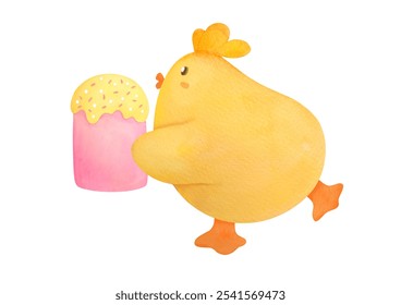 Baby chick with Easter cake, cute funny animal, spring watercolor hand drawn illustration of yellow chicken isolated on white background. clip art and cut out element design - Powered by Shutterstock