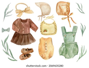 Baby Clothes In Boho Style, Watercolor Illustration.