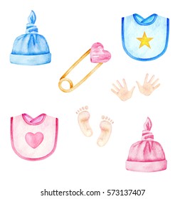 Baby Clothes. Boys And Girls Hats, Bibs. Kids Accessories. Watercolor Illustration