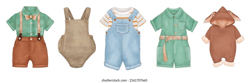 Baby Clothes Newborn Watercolor Clipart, Baby Boy Boho Wear Design, Fashion Baby Shower Set, Baby Announcement Decoration Isolated