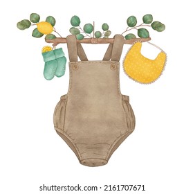 Baby clothes newborn watercolor composition, baby boy boho wear design, fashion baby shower set, baby announcement decoration isolated, lemon details, eucalyptus, birthday party invitation clipart - Powered by Shutterstock