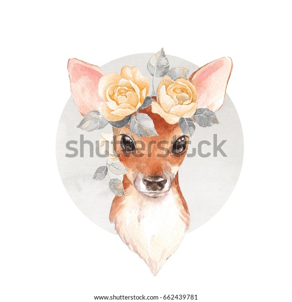 鹿と花の赤ちゃん 手描きの可愛い子鹿 水彩イラスト のイラスト素材