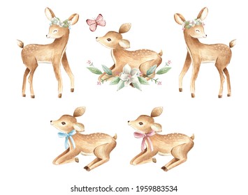 Baby Deer Woodland Watercolor Illustration  Fawn Forest Animals For Nursery And Baby In Dust Rose And Pink Spring Floral Wreath 