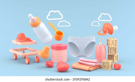 Baby diapers are surrounded by baby milk cans, shampoo bottles, wooden toys, baby bottles, strollers and clouds on a blue background.-3d rendering.
