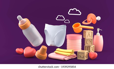 Baby diapers are surrounded by baby milk cans, shampoo bottles, wooden toys, baby bottles, strollers and clouds on a purple background.-3d rendering.
 - Powered by Shutterstock