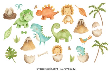 Baby Dinosaurs Watercolor Illustration With  Cute Animals For Nursery And Baby Shower 