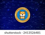 Baby doge virtual currency logo on colorful lights background. 3d illustration