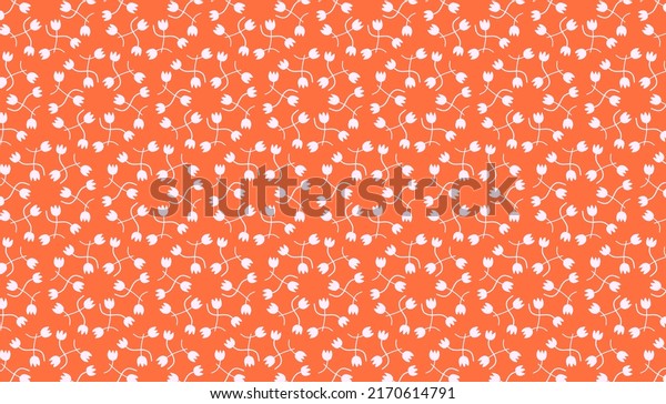 Baby doll Ditsy floral dress simple print Folk\
flowers pattern Small modest delicate white tulips a peach, coral,\
orange background Minimal light colors Retro, vintage, rustic,\
folk; country style