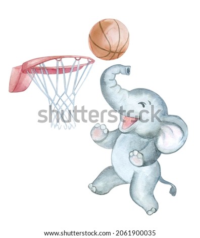 Baby elephant with basketball ball isolated on white background. watercolor. illustration Greeting card design. Clip art.