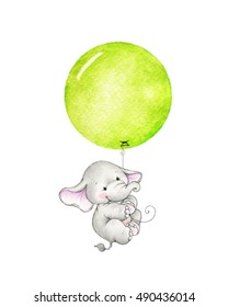 Baby Elephant Flying On Green Balloon