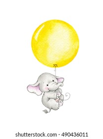 Baby Elephant Flying On Yellow Balloon