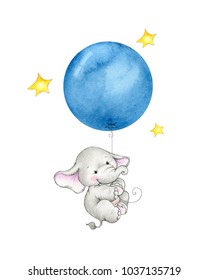 Baby Elephant Hanging On Blue Balloon