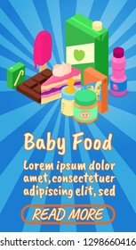 Baby Food Concept Banner. Isometric Banner Of Baby Food Comics Concept For Web, Giftcard And Postcard