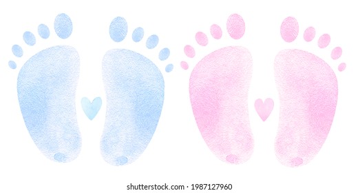 Baby footprints blue and pink watercolor . Welcome Baby Boy. Newborn, It's a boy, hello baby, little one, poster, nursery decor, congratulations card, invitation card, baby shower, birthday party.