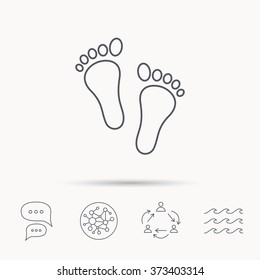 Baby footprints icon. Child feet sign. Newborn steps symbol. Global connect network, ocean wave and chat dialog icons. Teamwork symbol.