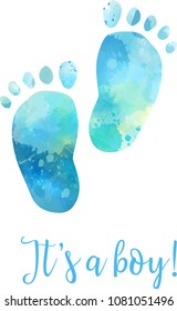 Baby Gender Reveal Concept Illustration. Watercolor Footprints. It's A Boy. Blue Colored.