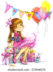 Baby Girl And Birthday Holiday Background For Kids Congratulations. Watercolor Illustration