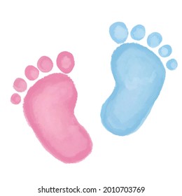 Baby Girl And Baby Boy Footprint In Watercolor Style 