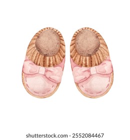 Baby Girl pink Booties. Hand drawn watercolor illustration of Shoes for Newborn isolated on a white background. Cute Infant clipart for invitations, Gender party, Baby shower, Greeting cards, Nursery - Powered by Shutterstock