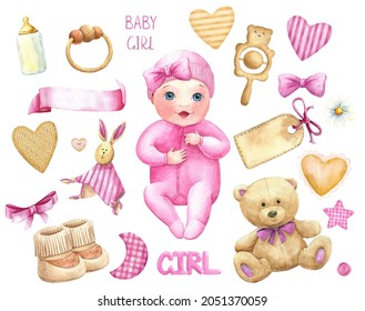 Baby girl watercolor set stuff toys title label pink cute character watercolor bundle nursery set scrapbooking clipart set - Powered by Shutterstock