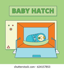 Baby Hatch Or Baby Box. Abandoned Newborn Boy Or Human Male Offspring. Cartoon Infant Child Or Toddler In Special Camera. Foundling Wheel Image In Flat Line Style.