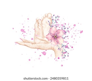 Baby heels in mother's hand, newborn, little legs hugging, motherhood care, newborn baby shower. Watercolor illustration hand drawn, flesh color, care and love and family.. - Powered by Shutterstock