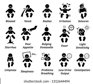 Baby Illness And Sickness Sign And Symptoms. Illustrations Depict Unhealthy Baby Infant Having Bloated Stomach, Vomit, Rashes, Seizure, Diarrhea, Fever, Fussy, Weakness, Breathing Problem, And More.