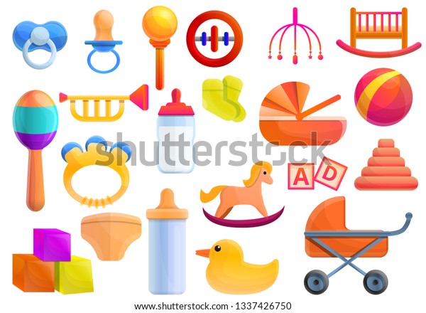 Baby items icons set. Cartoon set of baby items\
icons for web\
design