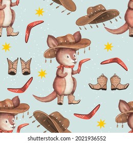 Baby kangaroo with cork hat, boots and boomerang. Seamless pattern with digital hand drawn illustrations with Australian animals theme
