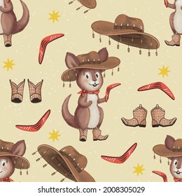 Baby kangaroo in the cork hat and croco boots with boomerang. Seamless pattern with digital hand drawn illustrations with australian animals theme 