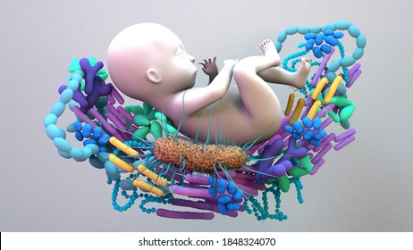 Baby Microbiome, the infant gut microbiome, genetic material of all the microbes.3d illustration
