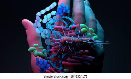 Baby Microbiome, The Infant Gut Microbiome, Genetic Material Of All The Microbes.3d Illustration