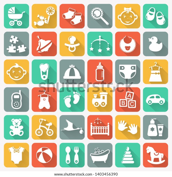 Baby modern icon set. White symbols on colored\
square buttons. Children\'s toys, food, clothes. Newborn, kids,\
feeding and care themes. Flat collection with long shadows on\
colorful background.\
Raster.