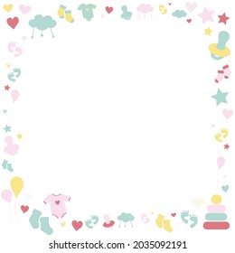 Baby newborn corner decor of an empty frame pattern background. Kids cartoon doodle toys. Baby shower invitation. The icons are set. Collection of newborns. Baby care - Powered by Shutterstock