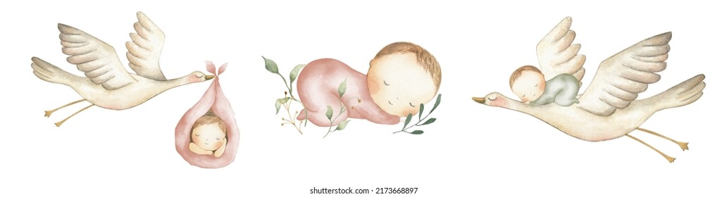 Ilustración de la acuarela del recién nacido y de la cigüeña 