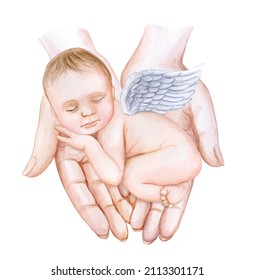 Baby, Newborn With Wings In Parental Maternal Arms. Baby In Mom's Hands. Happy Family Maternity Concept; Motherhood. Greeting Card Design. Clip Art