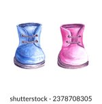 Baby pink and blue booties, shoes. He or she, boy or girl. Watercolor hand draw illustration isolated on white background. Design set for baby happy birthday decoration, newborn, gender reveal party.