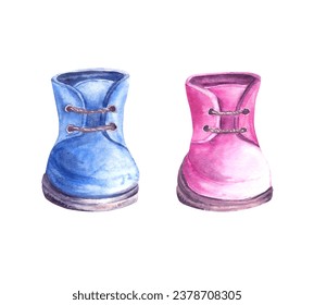 Baby pink and blue booties, shoes. He or she, boy or girl. Watercolor hand draw illustration isolated on white background. Design set for baby happy birthday decoration, newborn, gender reveal party. - Powered by Shutterstock