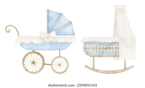 Baby Pram and Cradle. Hand drawn watercolor illustration of Stroller and Crib on isolated background. Set for childish shower greeting cards or invitations in pastel blue and beige colors. Kid Buggy.