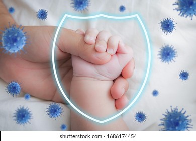 Baby-geschütztes Konzept mit 3D-Rendering-Schutzschild und Ausbreitung von Corona-Viruszellen