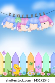 Baby Quads Hanging From A Clothesline With Picket Fence And Butterflies