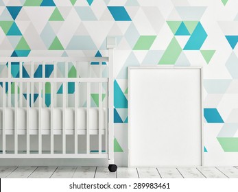 Baby Room, Mock Up Poster, Triangle Pattern Wall, 3d Render