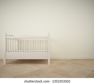 Baby room with white crib and ceramic tile flooring. Rendering made using free software Blender  - Shutterstock ID 1352353502