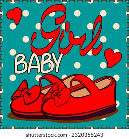 Baby shoes. Baby girl card. Red shoes and red hearts. Vector isolated illustration. - Powered by Shutterstock