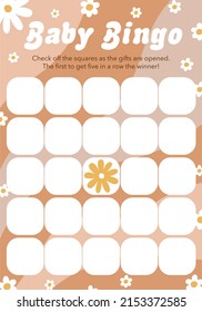 Baby Shower Bingo Game Template In Groovy Retro 70s Cartoon Style. Baby Shower Party Activity