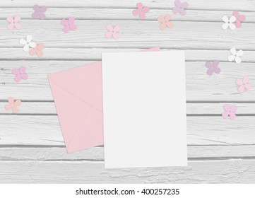 Baby Shower, Birthday Day Or Wedding Mockup Scene With Envelope, Blank Card, Paper Flowers, Top View