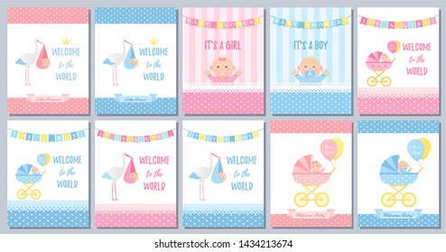 Baby Shower boy card. Baby girl design. Cute pink blue banner. Birth party background. Welcome template invite. Happy greeting poster with kid, stork, pram, polka dot print Cartoon illustration - Powered by Shutterstock