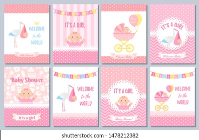 Baby Shower card. Baby girl design. Welcome banner. Cute born party background. Birth template invite. Pink happy greeting poster with kid, stork, pram, polka dot print. Cartoon illustration - Powered by Shutterstock