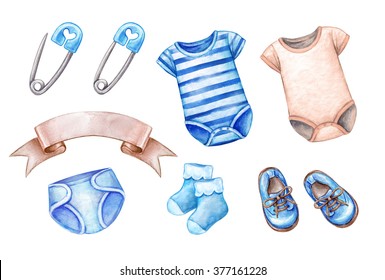 Baby Shower Clip Art, Newborn Boy Design Elements, Watercolor Illustration Isolated On White Background