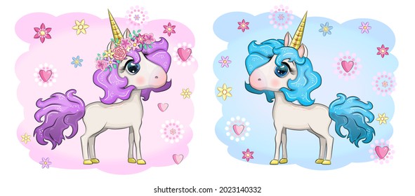 Baby Shower Greeting Card with cute Cartoon Unicorn girl and boy.